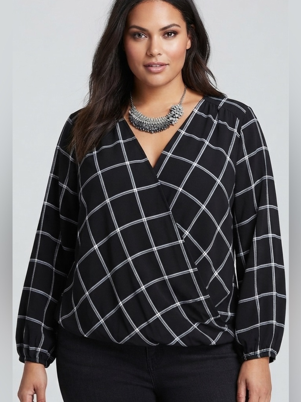 INC INTERNATIONAL CONCEPTS Black Long Sleeve Checkerboard Blouse size xL